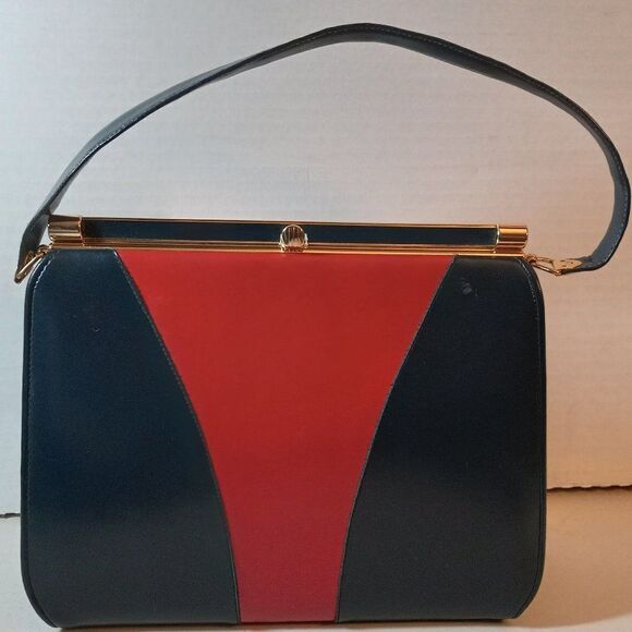 Vintage Navy/Red Box Satchel Handbag, Granny chic Cottagecore Grandmacore - Picture 1 of 11